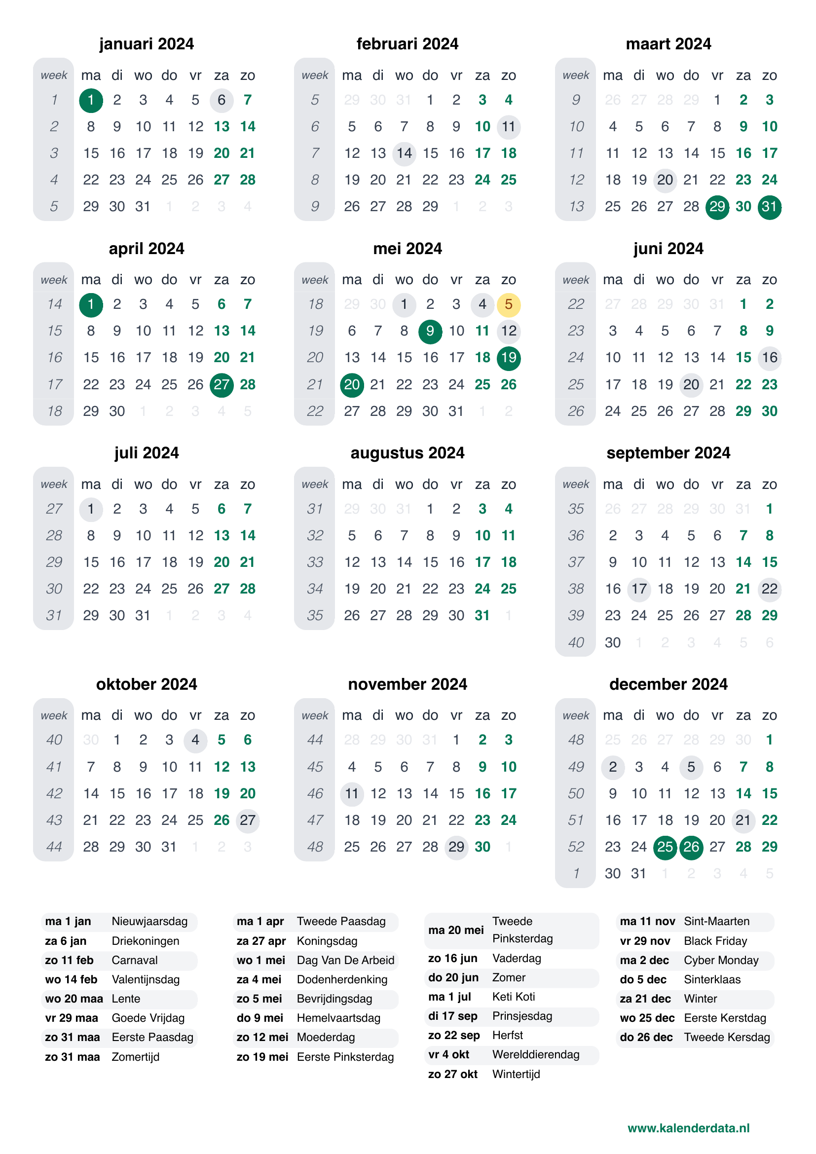 Kalender 2024 Met Weeknummers En Feestdagen